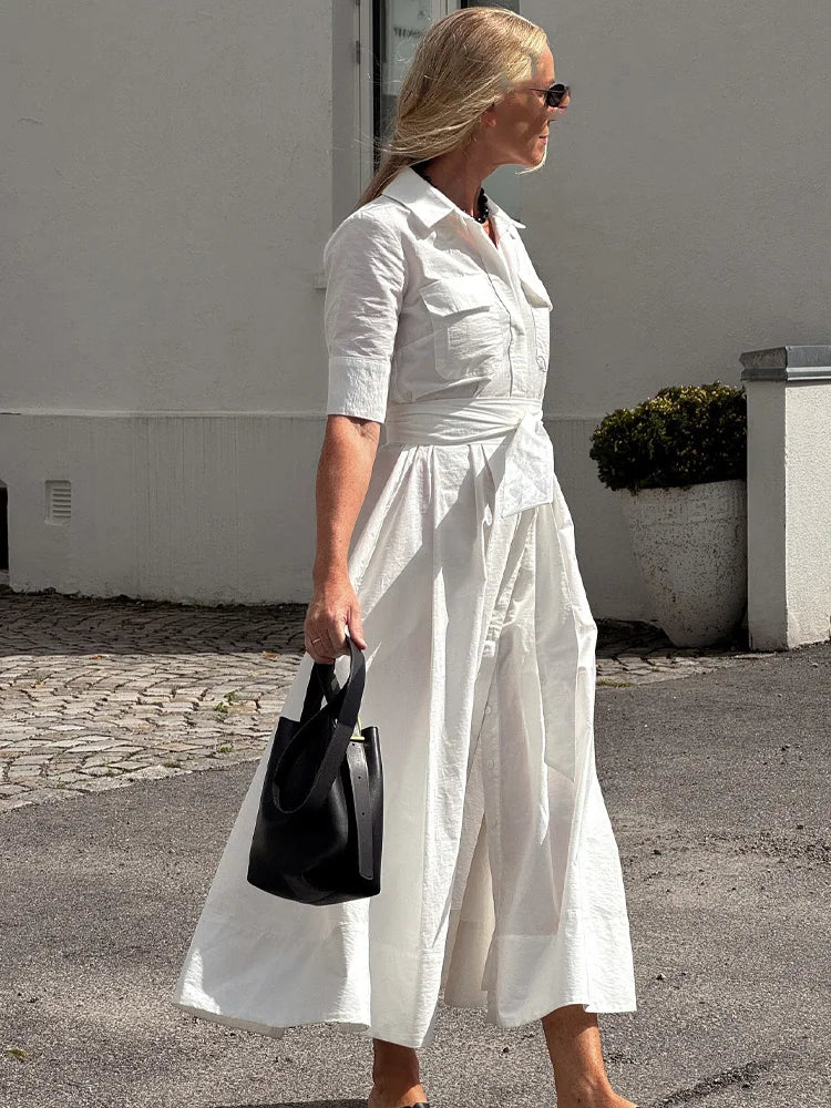Women's Lapel Shirt Midi Dress with Belt