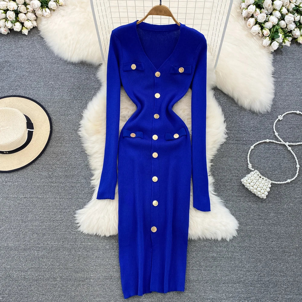 REALEFT Autumn Winter V-Neck Women's Knitted Dresses 2024 New Single Breasted Long Sleeve Solid Front Split Midi Dresses Female