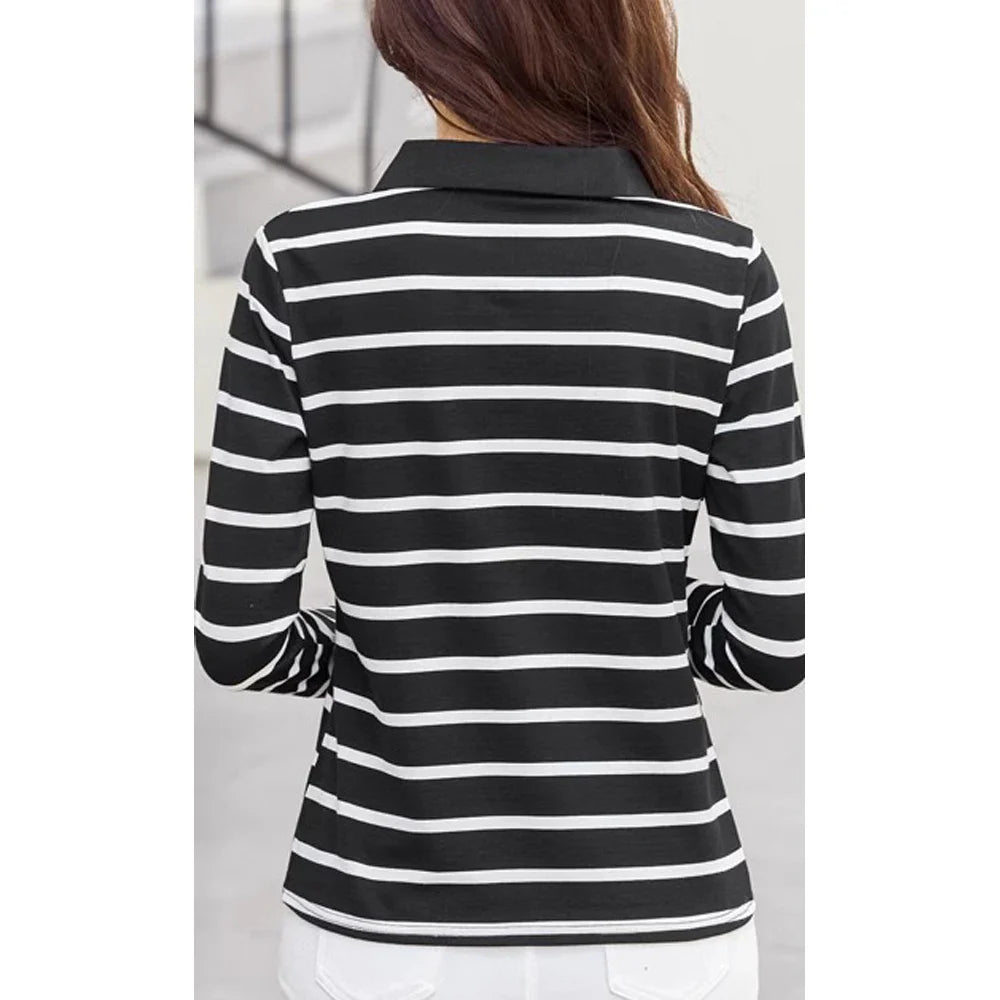 Women's Striped T-Shirt - Korean O-Neck Long Sleeve Patchwork Top