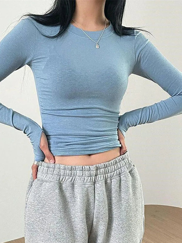 Women Casual Slim Fit Long Sleeve O-Neck T-shirts Tops Spring Fall Solid Color Tees with Thumb Holes Streetwear