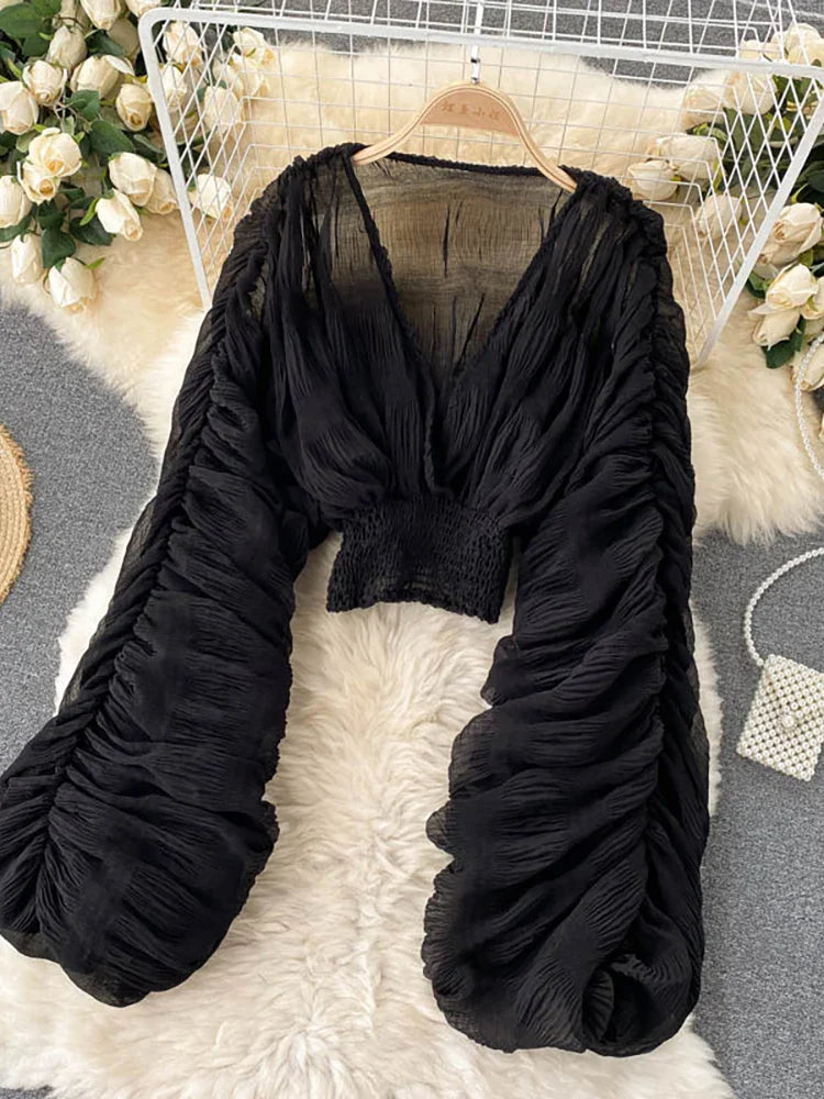 V-Neck Puff Sleeve Draped Chiffon Top