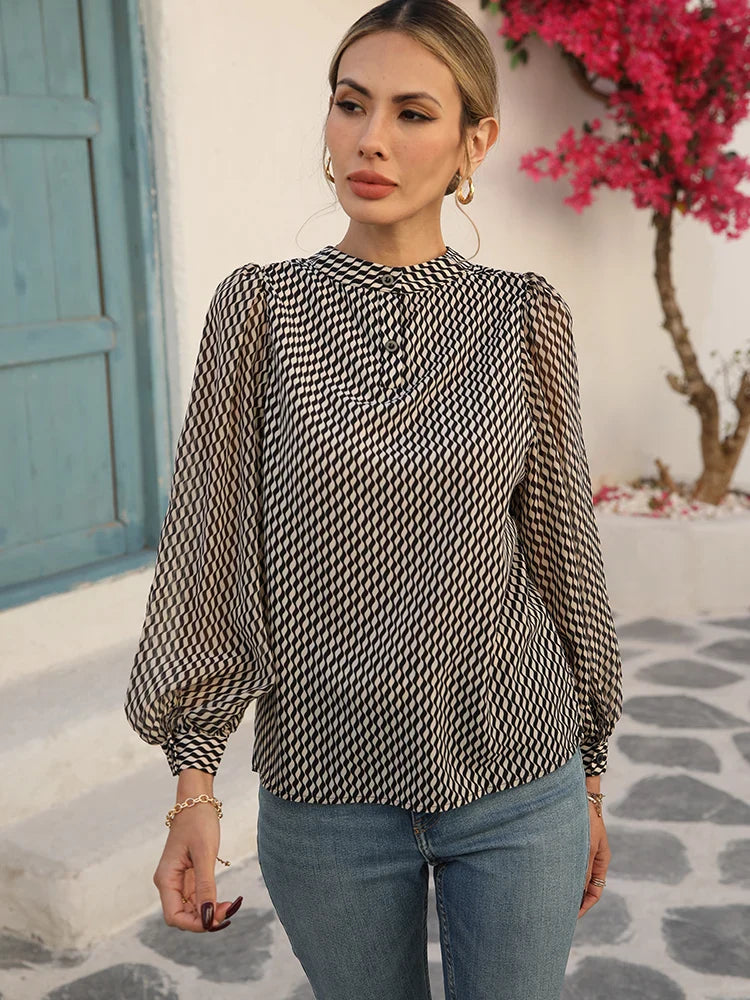 Women's Striped Chiffon Long-Sleeve Blouse