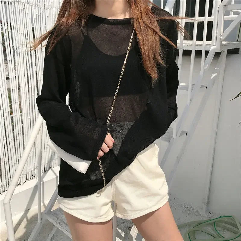 Crew Neck Long Sleeve Loose Sheer Patchwork Tee