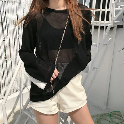 Crew Neck Long Sleeve Loose Sheer Patchwork Tee