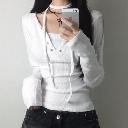 Women's Drawstring Grommet Long-Sleeve Top