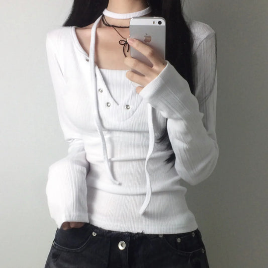 Women's Drawstring Grommet Long-Sleeve Top