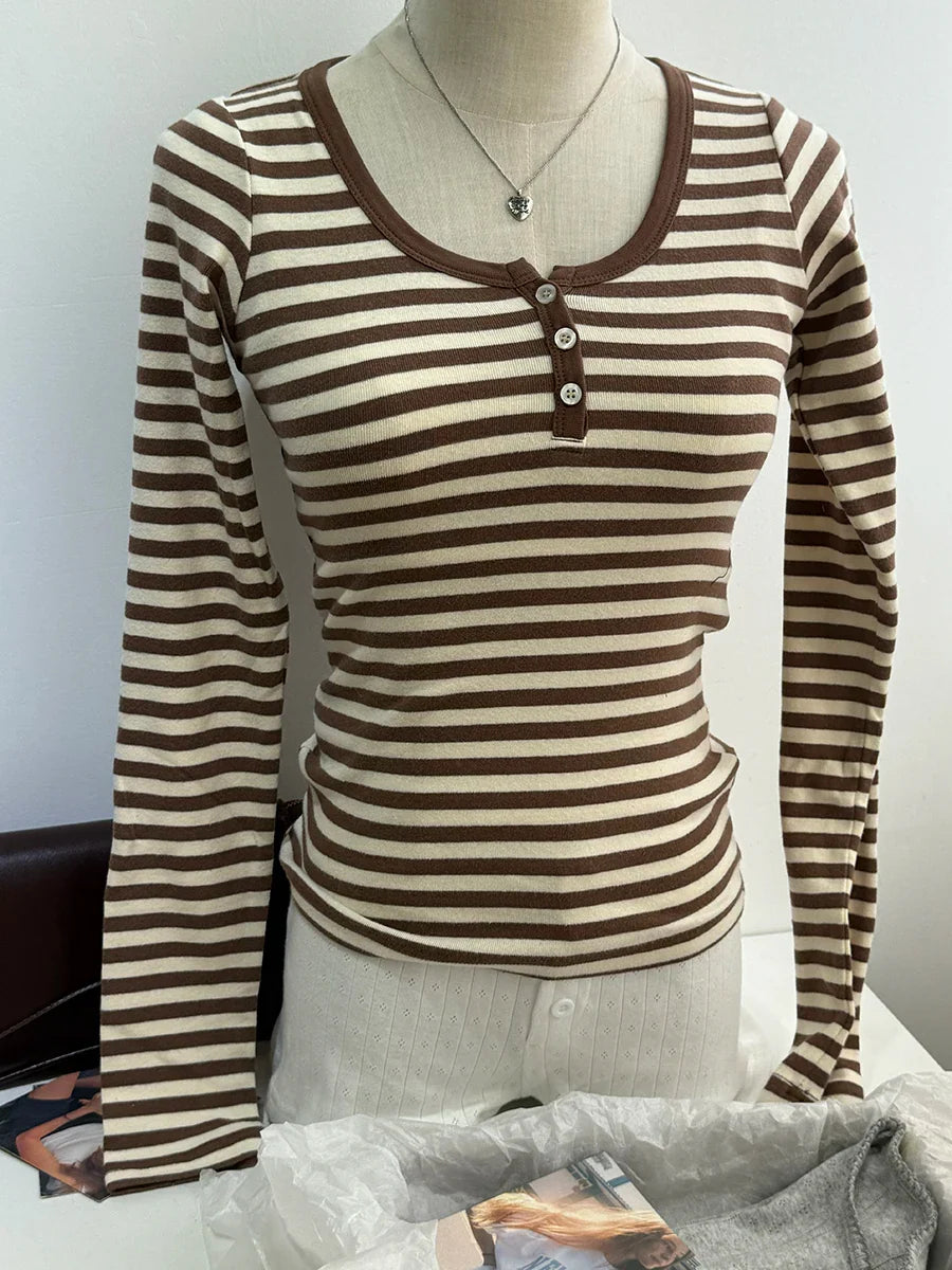 Sweet Button Long Sleeve Tees Women Spring New Cotton Rose Pink Striped Slim Zelly Tops Simple Chic Preppy Style T-shirts