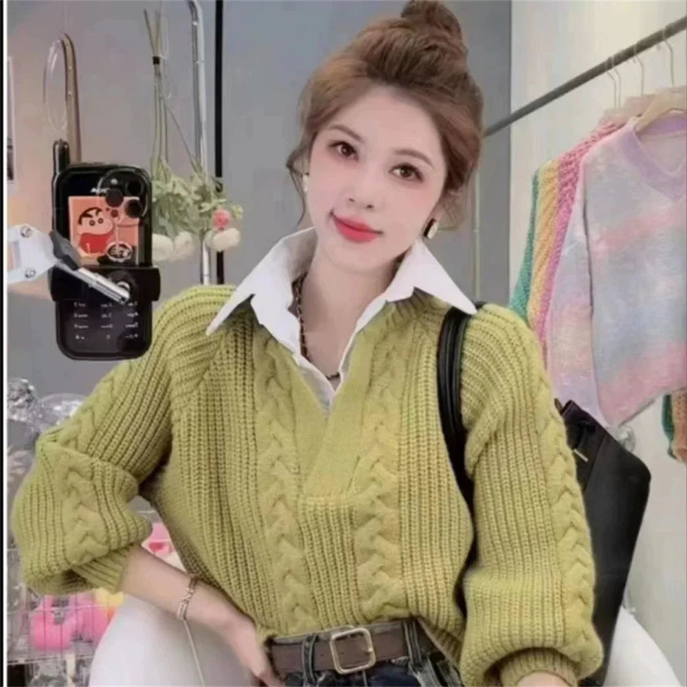 Turn-Down Collar Layered Knit Sweater Long Sleeve Slim Fit