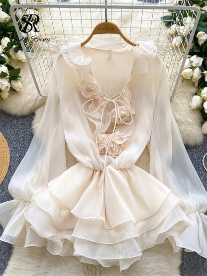 Women's 3D Floral Chiffon Dress - Long Sleeve Beach Sundress