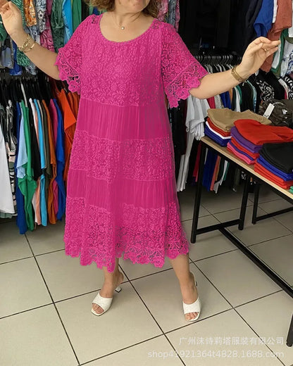 Women Midi Dress Lace Patchwork Round Neck Short Sleeves Hollow Out Flower Embroidery Pleated Party Dress