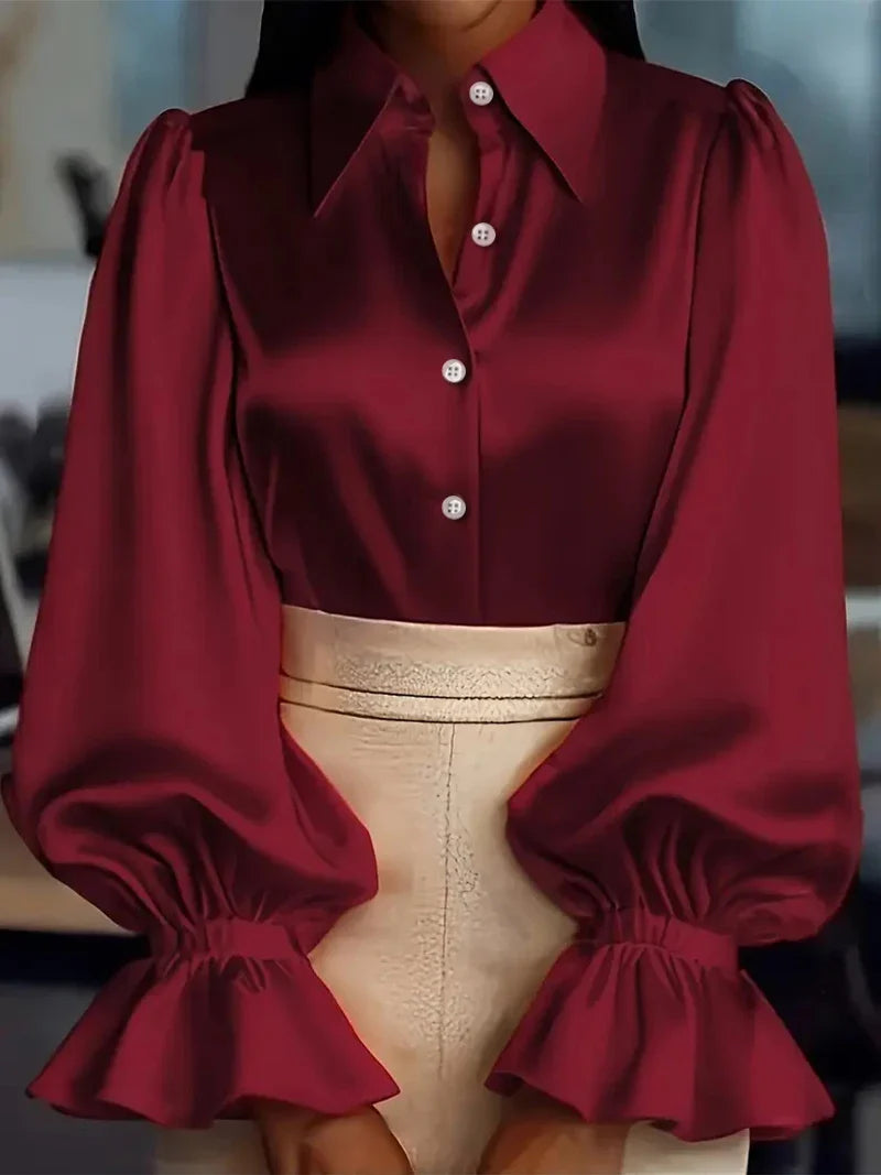 Women's Satin Blouse with Ruffled Sleeves - Office Casual Top