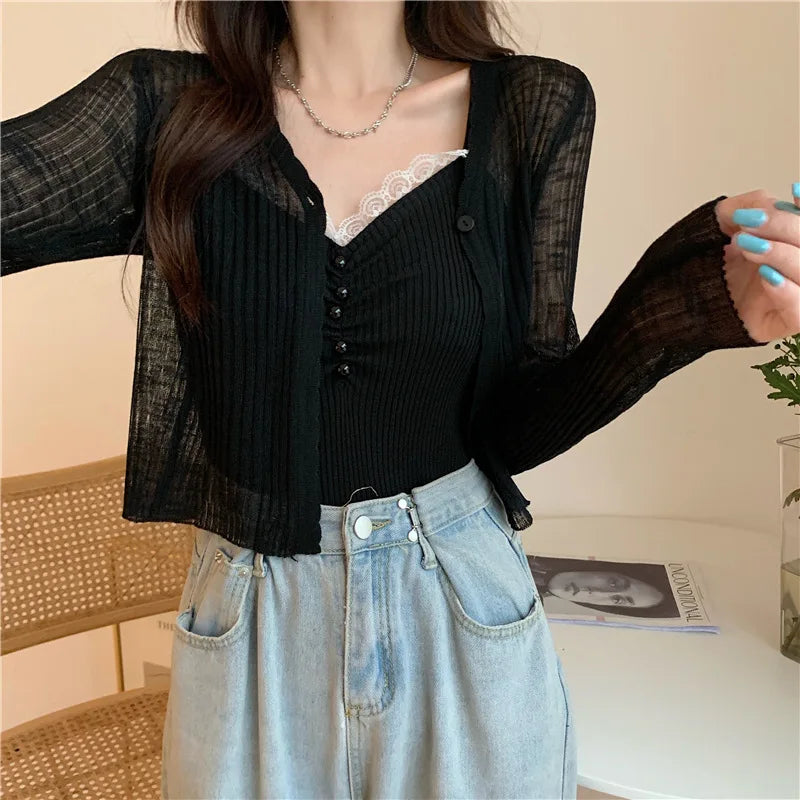 Women's V-Neck Long Sleeve Ice Silk Knit Sheer Cardigan Top