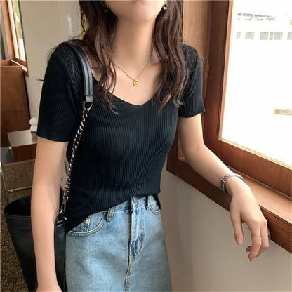 V-Neck Ribbed Knit Top Short Sleeve Slim Fit Pullover