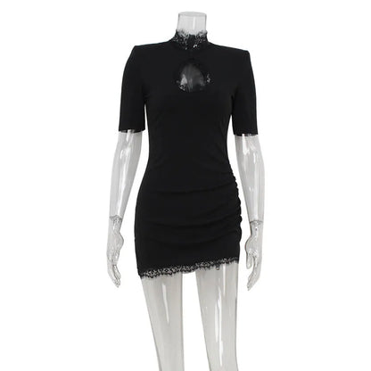Lace Patchwork Hollow Out Bodycon Sheath High Collar Women Dresses Half Sleeves Outfits Sexy Club Fashion Female Mini Vestidos