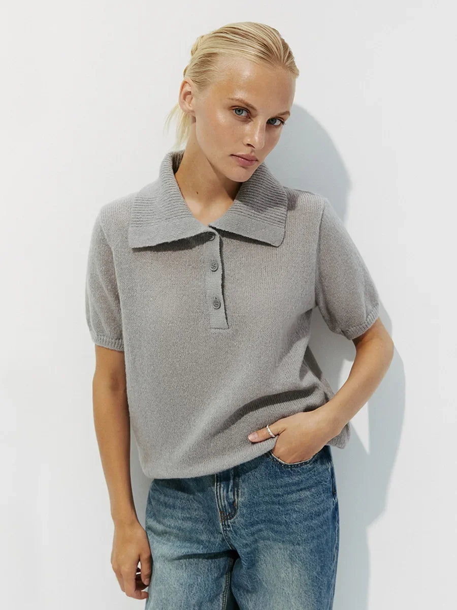 Polo Collar Knit Top Puff Sleeve Hollow-Out Loose Fit