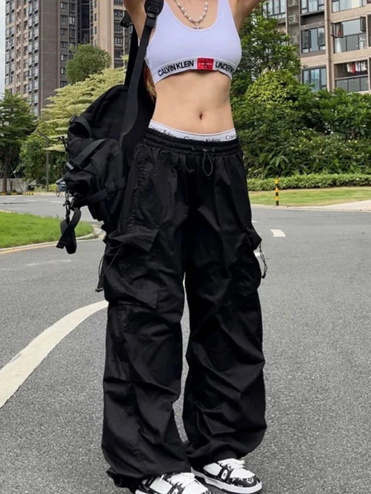 Parachute Cargo Pants High Waist Wide Leg Baggy Pockets Streetwear