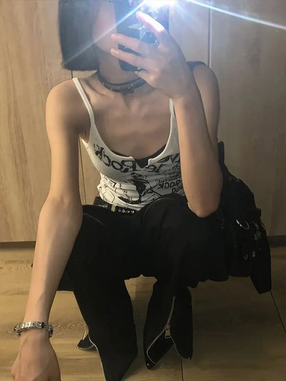Y2K Punk Print Ribbed Sleeveless Crop Tank Top