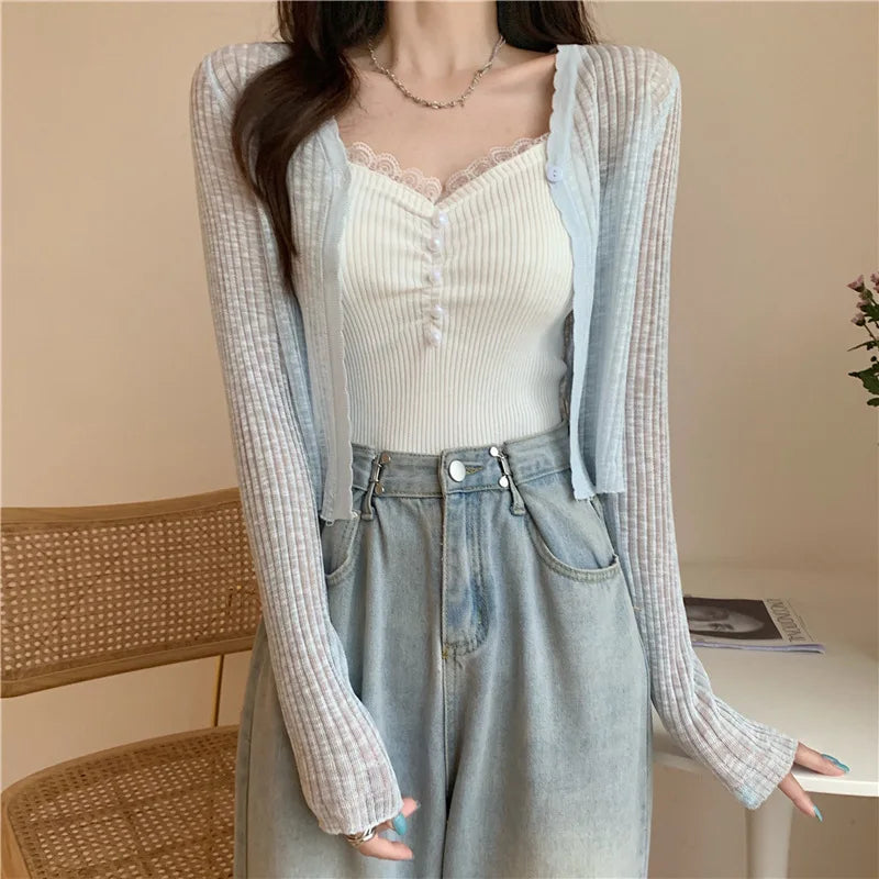 Women's V-Neck Long Sleeve Ice Silk Knit Sheer Cardigan Top