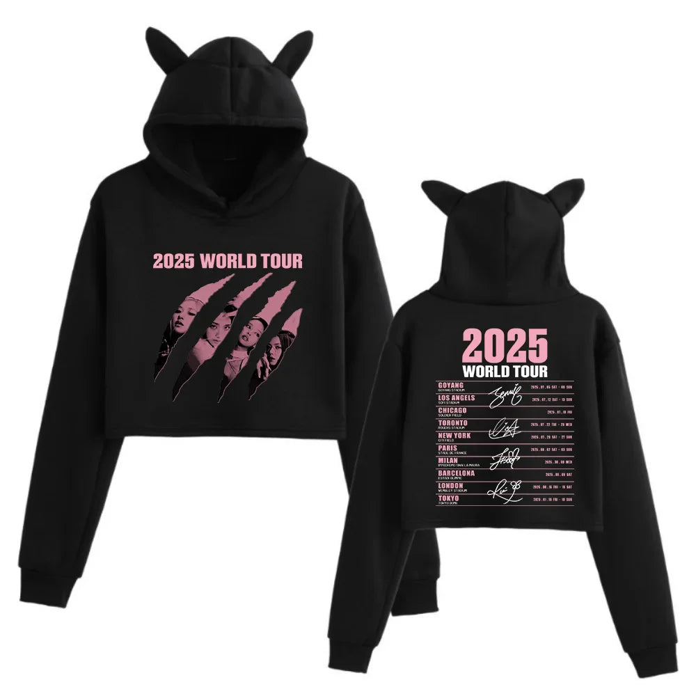 Round Neck Hooded Cropped Top Long Sleeve Regular Fit with Drawstring