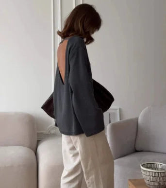 Round Neck Backless Knit Sweater Long Sleeve Loose Fit Hollow-Out