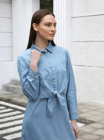 Women Lightweight Denim Wrap Blouse & Slip Dress Set