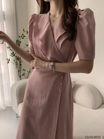Women Retro Vintage Ruffles Midi Dress Japan Style Lace-Up V-Neck Short Sleeve Dress