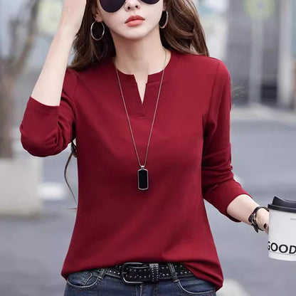 Women's V-Neck Cotton Long-Sleeve T-Shirt