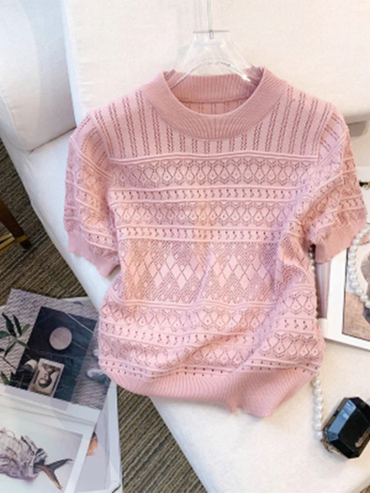 Round Neck Hollow-Out Knit Top Short Sleeve Slim Fit Cropped Pullover