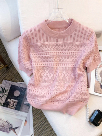 Round Neck Hollow-Out Knit Top Short Sleeve Slim Fit Cropped Pullover