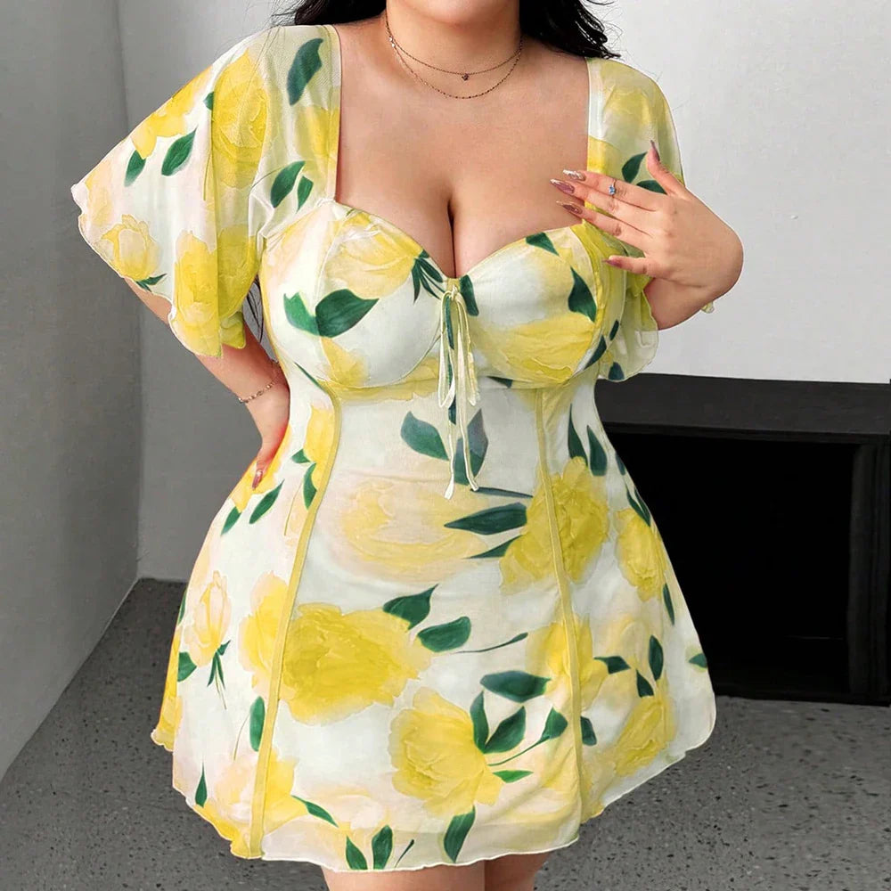 Short Ruffle Sleeve V-Neck Floral Print Waistband Loose Fit A-Line Knee-Length Dress Plus Size Office Lady