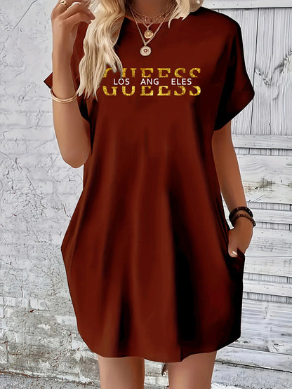 Letter Print Round Neck Short Sleeve Pocket Dress