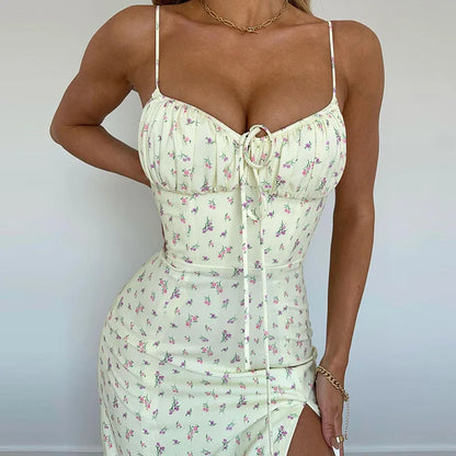V-Neck Floral Print Lace-Up Midi Dress