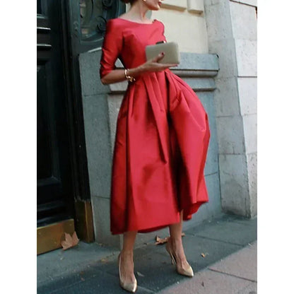 Women's A-Line Midi Dress Half Sleeves O-Neck Pleated Elegant Evening Dress