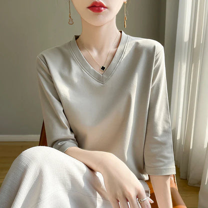 Women's Cotton V-Neck Cropped Sleeve T-Shirt