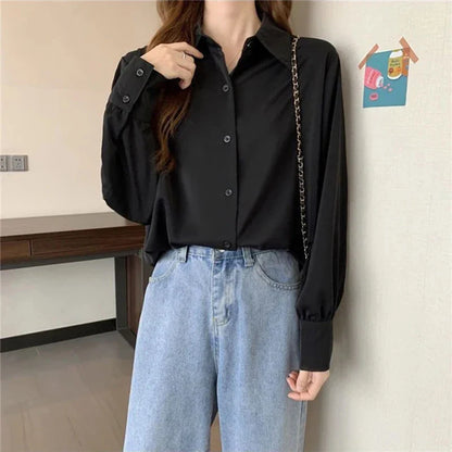 Women's Chiffon Button-Up Blouse - Loose Long Sleeve Shirt