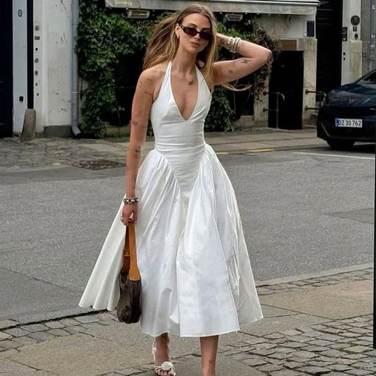 Backless Deep V Halter Maxi Dress