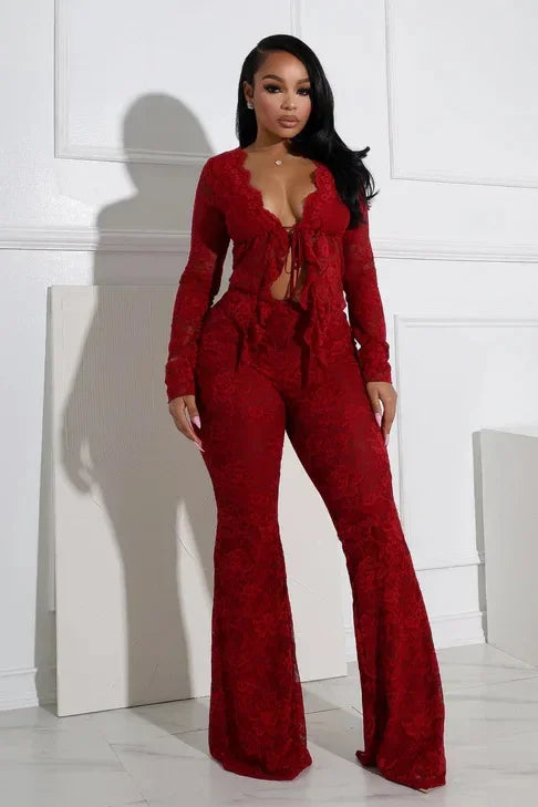 Women's Set Long Sleeve Lace See Through Shirt + Long Pants Street Evening Sexy Two 2Piece Sets Outfits Tracksuit