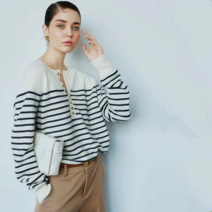 Round Neck Striped Wool Sweater Long Sleeve Loose Fit Pullover