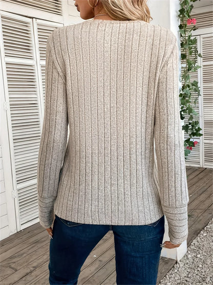 Women's Crew Neck Long Sleeve Ribbed Knit Solid Top