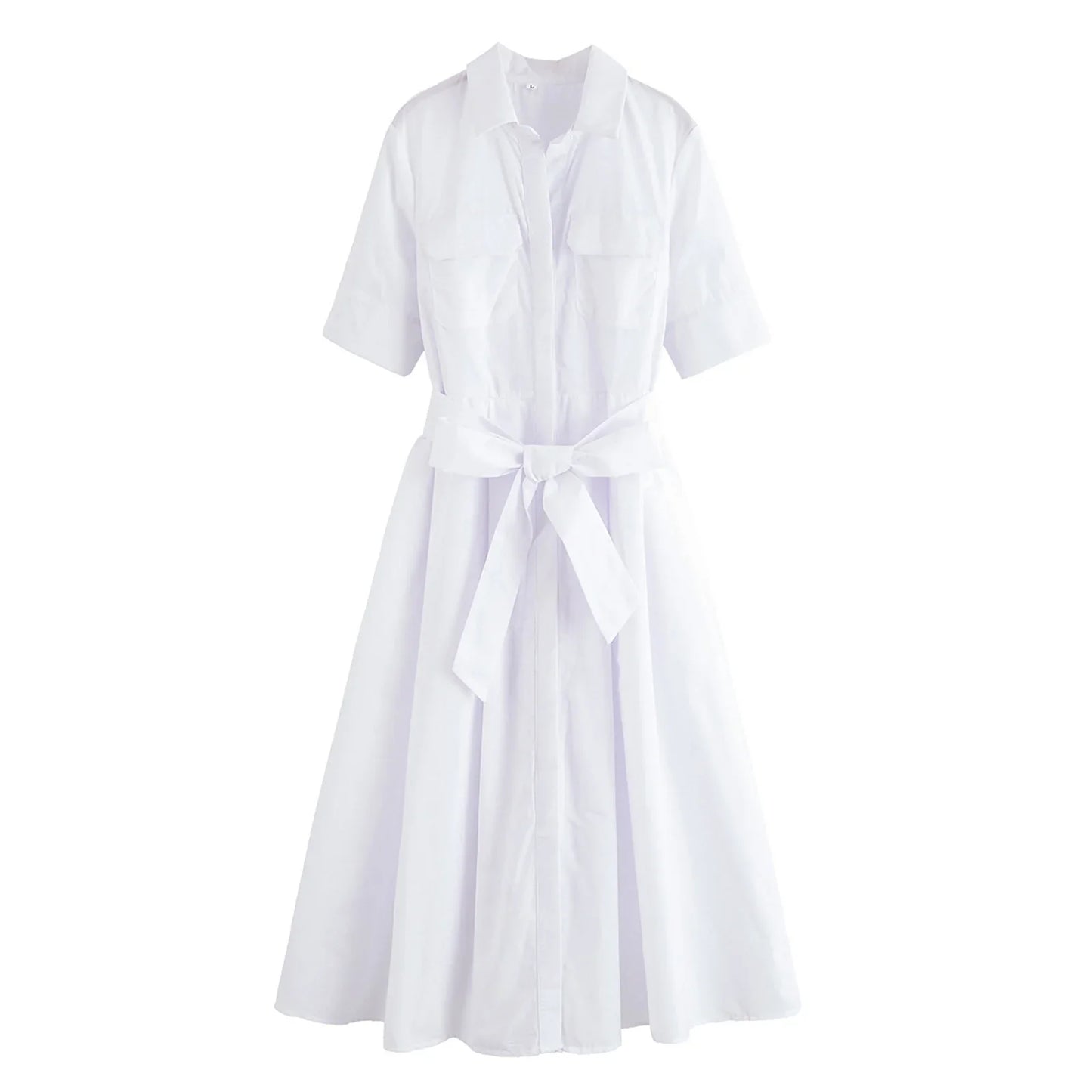 Women's Lapel Shirt Midi Dress with Belt