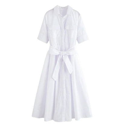 Women's Lapel Shirt Midi Dress with Belt