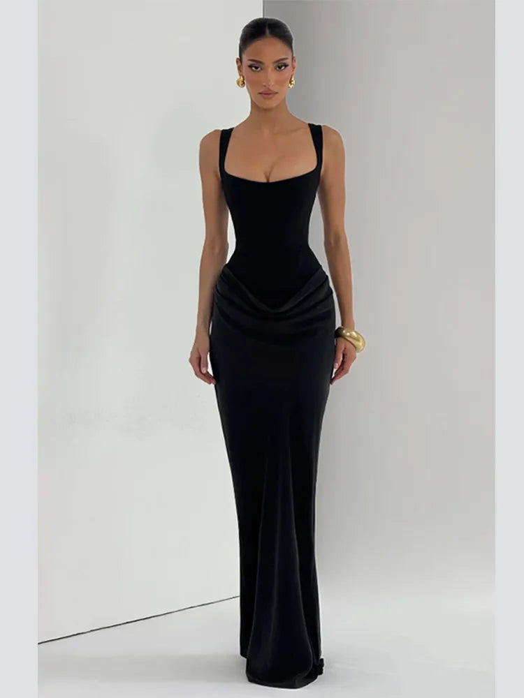 BROWN Pleated Sling MAXI Dress Women Square Neck Sleeveless Off-shoulder Waist Cinching Slim ROBE Fashion Evening Party Gowns