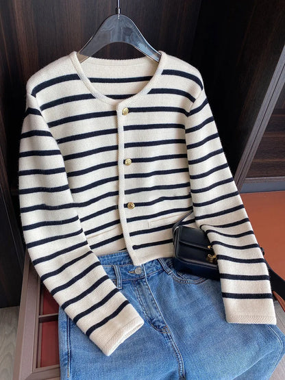 Women's Stripe Knitted Cardigan - Long Sleeve Button-Up Sweater