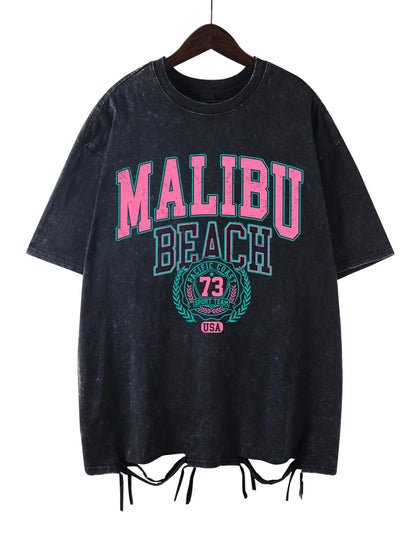 Malibu Beach Letter Print Washed Oversized Tee