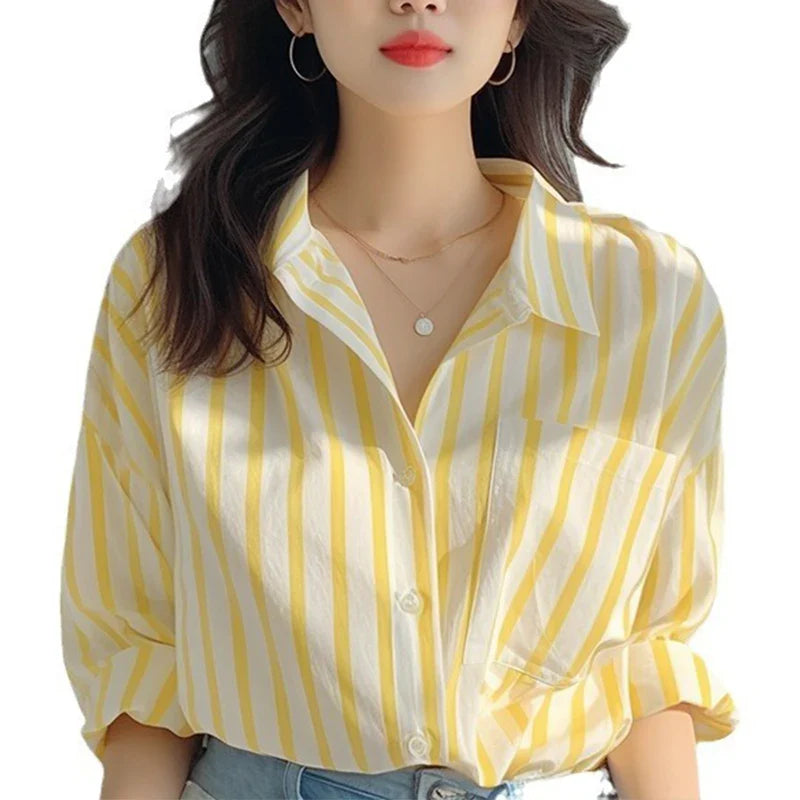 Women's Striped Shirt - Vertical Stripe Turn-Down Collar Long Sleeve Blouse