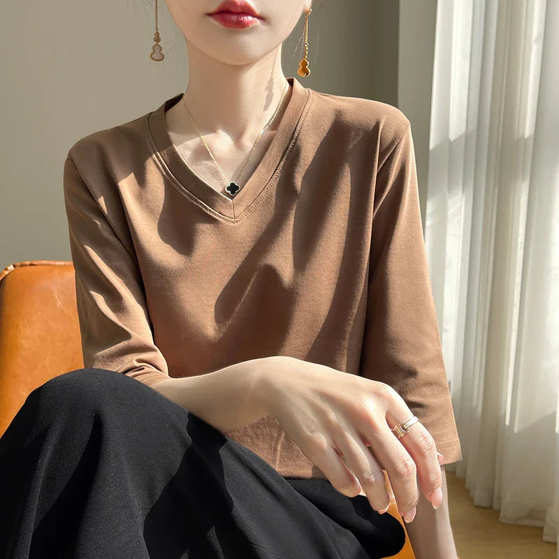 Women's Cotton V-Neck Cropped Sleeve T-Shirt