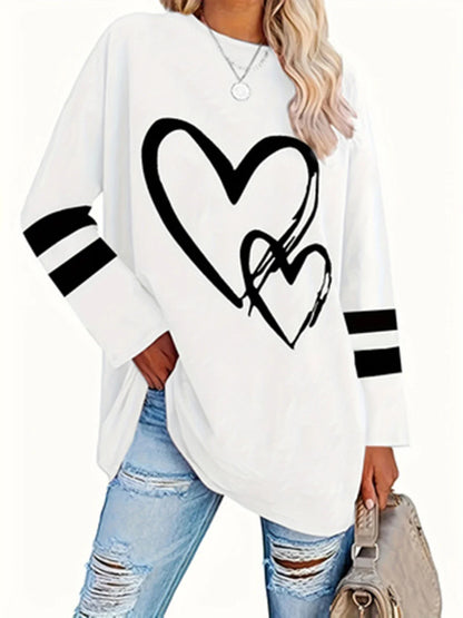 Women's Heart Print Eyelet Long-Sleeve Top