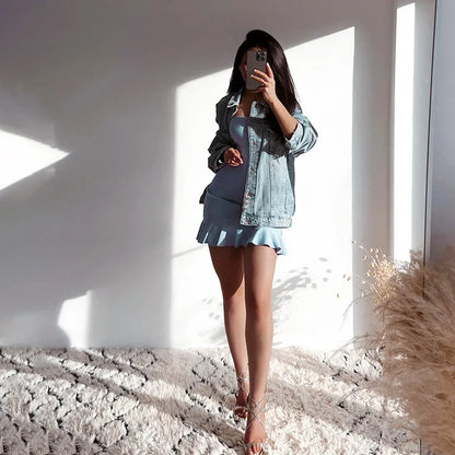 Women Soft Tender Slight Blue Strapless Wrap Hipster Mini Pleated Dress Pullover Sexy Charm Outfits Girls Dating Wear
