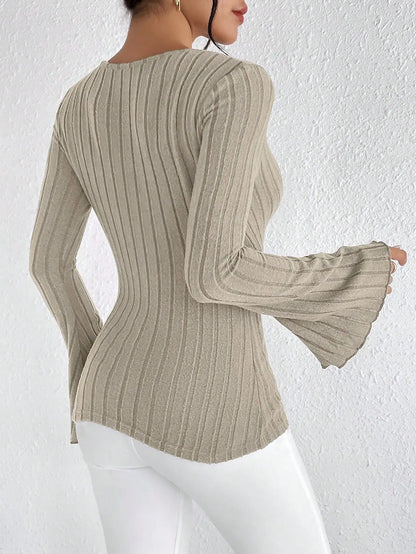 V-Neck Flare Sleeve Slim Striped Knit Top