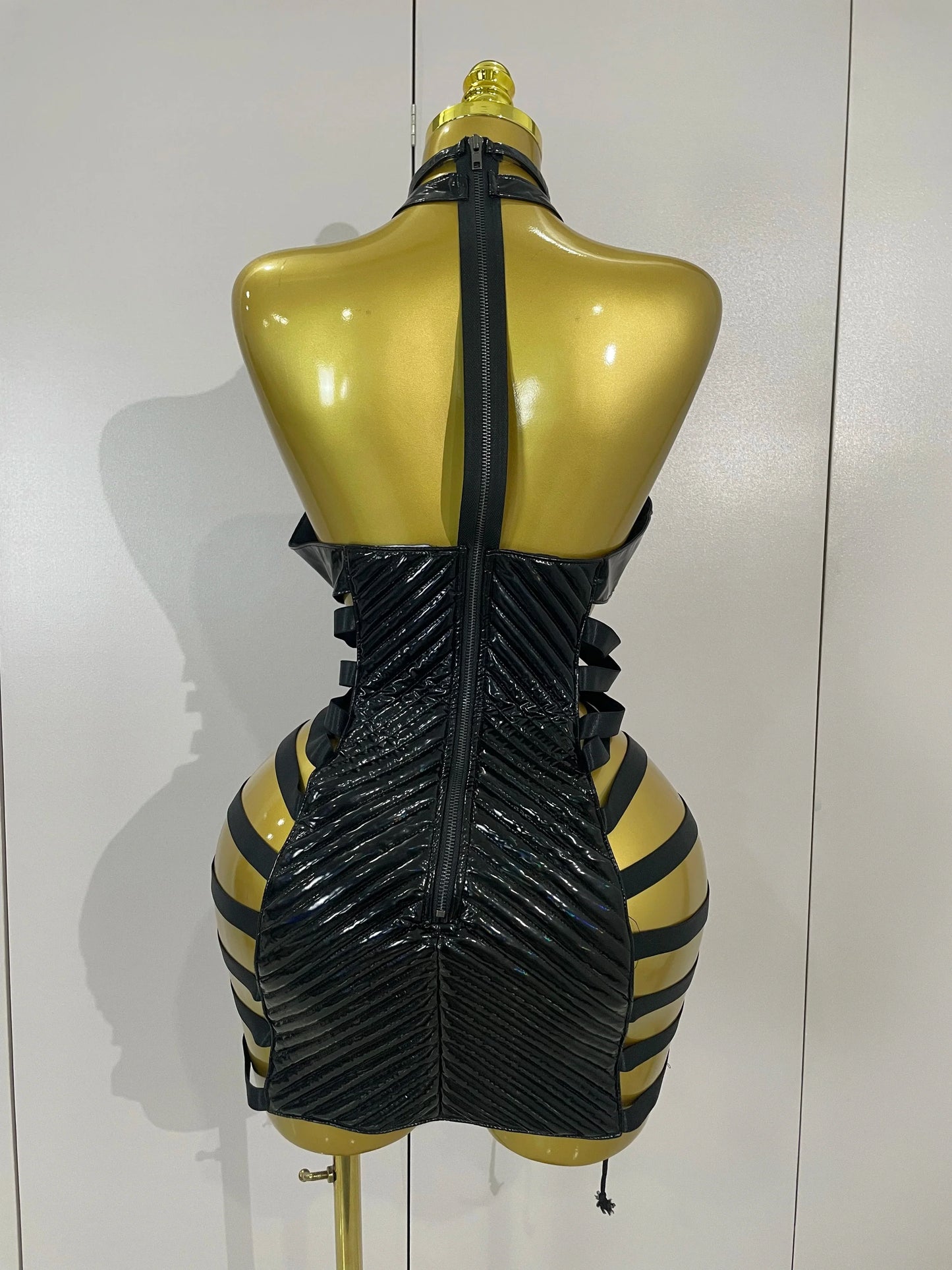 Women's Gothic Leather Bandage Halter Dress